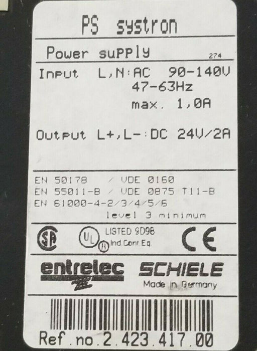 ENTRELEC SCHIELE 2.423.417.00 PS SYSTRON POWER SUPPLY, 24V/2A OUTPUT, 242341700