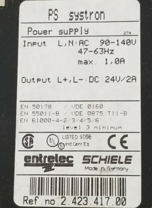 ENTRELEC SCHIELE 2.423.417.00 PS SYSTRON POWER SUPPLY, 24V/2A OUTPUT, 242341700