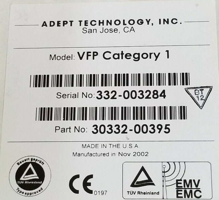 ADEPT TECH. MODEL: VFP CATEGORY 1 CONTROL PANEL PART NO: 30332-00395 10332-00395