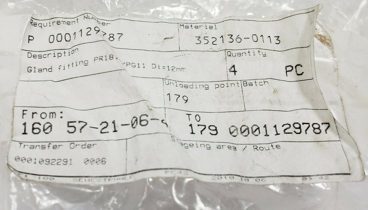LOT OF 4 NEW GENERIC PR18.6 / PG11 GLAND FITTINGS, 12MM DIAMETER, 352136-0113