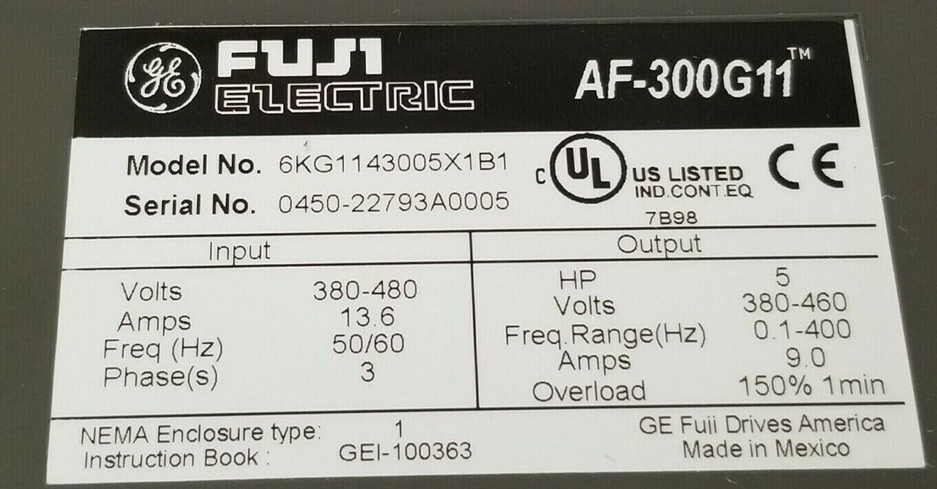 FUJI ELECTRIC 6KG1143005X1B1 INVERTER DRIVE 5HP, 13.6A, 380/480VAC, AF-300G11