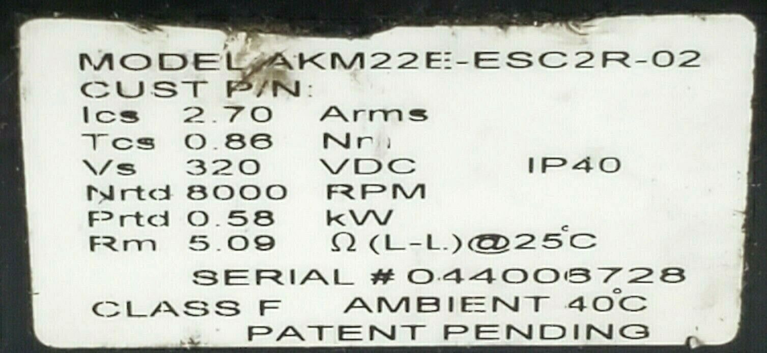 LOT OF 2 DANAHER MOTION AKM22E-ESC2R-02 SERVOMOTORS 320VDC 2.7 ARMS 8000RPM