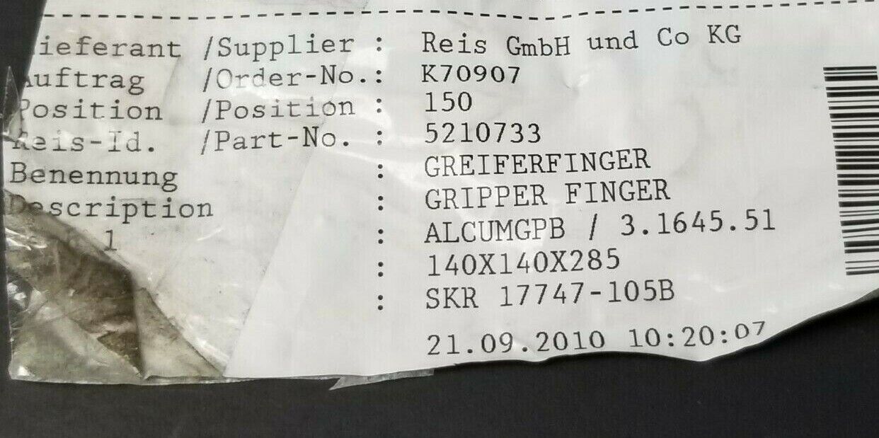 NEW REIS GmbH & CO. 5210733 GRIPPER FINGER ALCUMPB / 3.1645.51 140X140X285