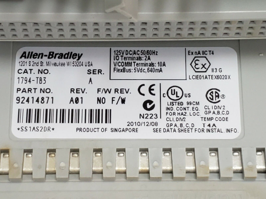 ALLEN BRADLEY 1794-TB3 TERMINAL BASE 1794TB3 SER. A REV. A01 P/N: 92414871