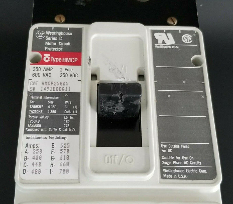 WESTINGHOUSE HMCP250A5 CIRCUIT BREAKER SER. C 250A 600VAC 250VDC 3P 1491D88G11