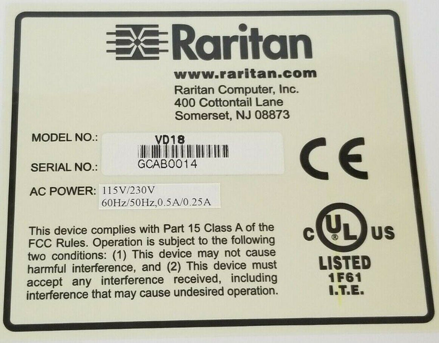 NIB RARITAN MODEL: VD18 VIDEOSHARE CONSOLE 115V/230V 60/50HZ .5A/.25A CMV1MP