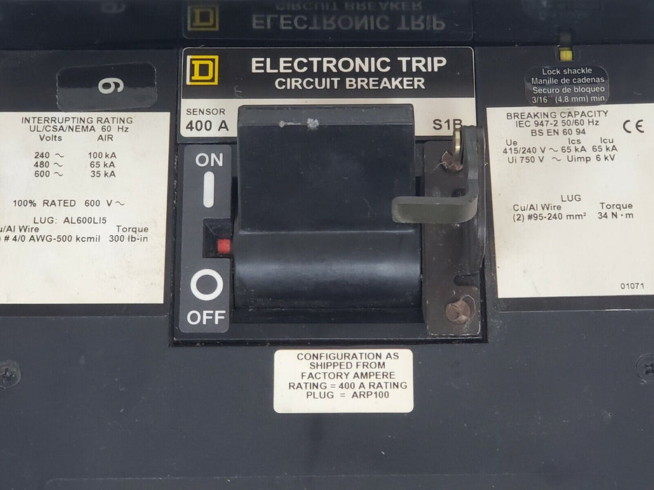 SQUARE D LE36400LI MOLDED CASE CIRCUIT BREAKER 600V, 400A W/ TRIP ARP100 PLUG KI