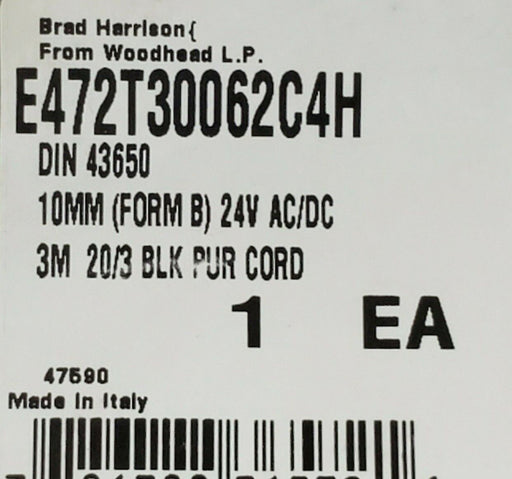 NEW BRAD HARRISON E472T30062C4H DIN 43650 10MM (FORM B) 24V, 3M 20/3 BLK CORD