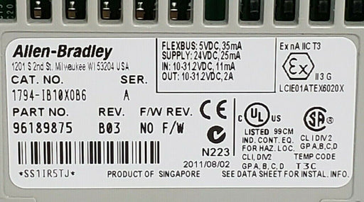 ALLEN BRADLEY 1794-IB10XOB6 FLEX I/O 24 VDC SINK INPUT/SOURCE OUTPUT SER. A