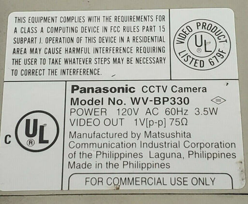 PANASONIC WV-BP330 CCTV CAMERA 120V AC, 60HZ, 3.5W, WVBP330 (FOR PARTS)