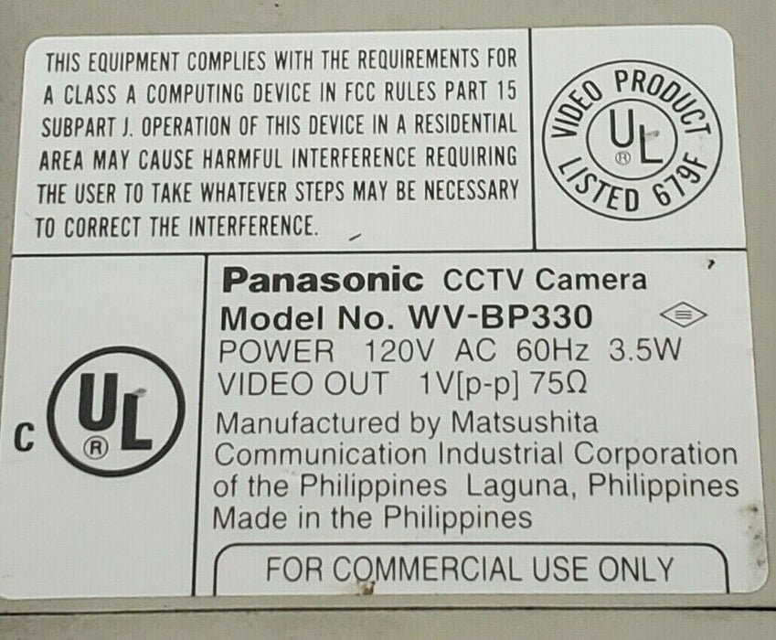 PANASONIC WV-BP330 CCTV CAMERA 120V AC, 60HZ, 3.5W, WVBP330 (FOR PARTS)