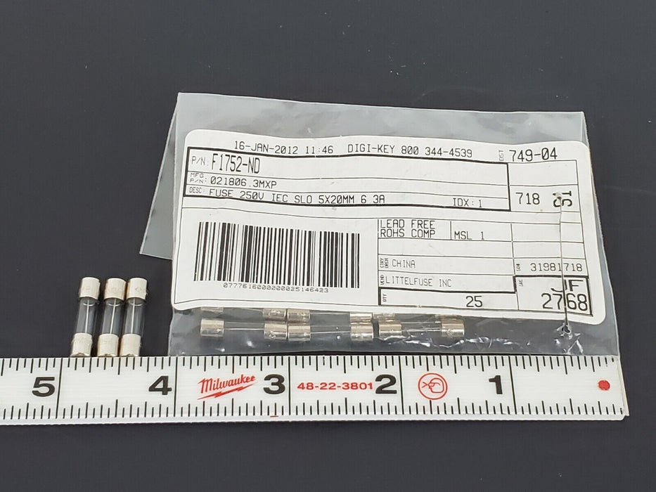 LOT OF 11 NEW LITTELFUSE F1752-ND FUSES 250V IEC SLO 5X20MM 6.3A