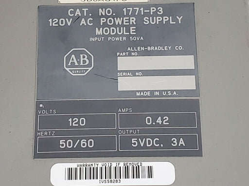 ALLEN-BRADLEY 1771-P3 120VAC POWER SUPPLY MODULE 0.42A, 50/60HZ, 5VDC/3A OUT