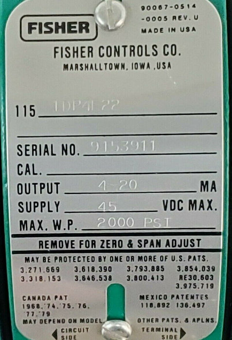 NEW FISHER CONTROLS 1151DP4E22 PRESSURE TRANSMITTER 20AMP MAX 45VDC 2000PSI MAX