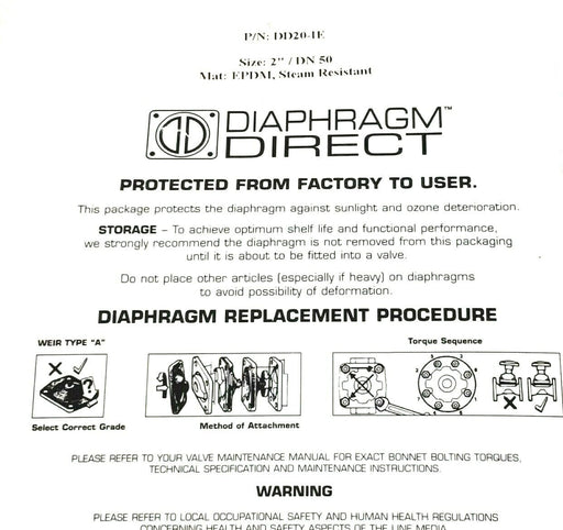 NIB DIAPHRAGM DIRECT DD20-IE DIAPHRAM SIZE: 2'' / DN 50 MAT: EPDM, STEAM RESIST.
