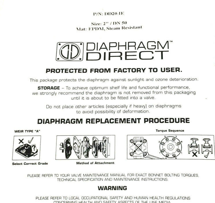NIB DIAPHRAGM DIRECT DD20-IE DIAPHRAM SIZE: 2'' / DN 50 MAT: EPDM, STEAM RESIST.