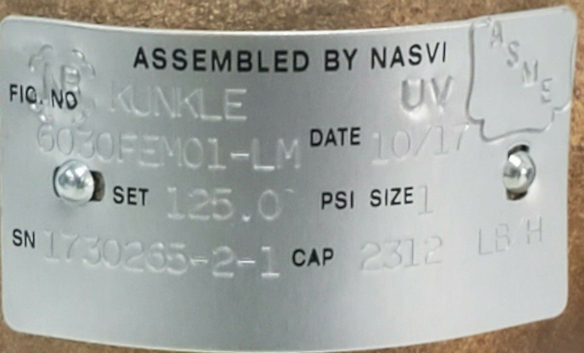 NIB KUNKLE 6030FEM01 RELIEF VALVE, 6030FEM01-LM, 6030FEM01-125, 125PSI, 1"