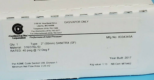 NIB CONTINENTAL DISC CORP. 8334345A TYPE: 2'' 50mm SANITRX (SF) RUPTURE DISC