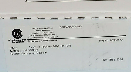NIB CONTINENTAL DISC CORP. 8336851A TYPE: 2'' SANITRX (SF) 50MM GAS/VAPOR