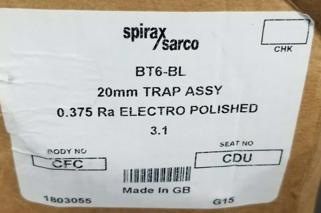 NIB SPIRAX SARCO BT6-BL 20MM STEAM TRAP ASSY. 0.375 RA ELECTRO POLISHED 1803055