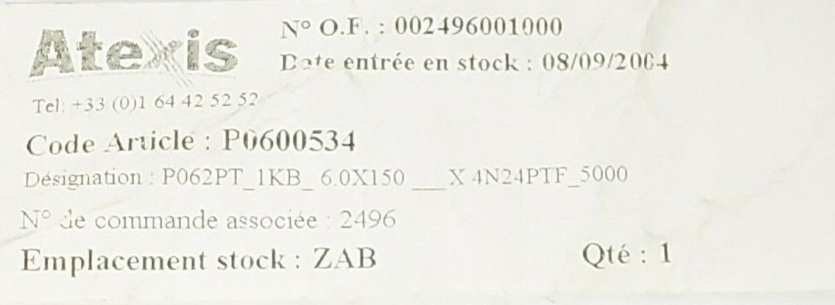 NEW ATEXIS P0600534 CABLE / ELEMENT ASSEMBLY P062PT 1KB 6.0x150