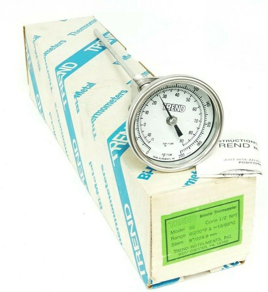 NIB TREND INSTRUMENTS MODEL 32 THERMOMETER 9'' STEM 228.6mm 0-200 DEG. F