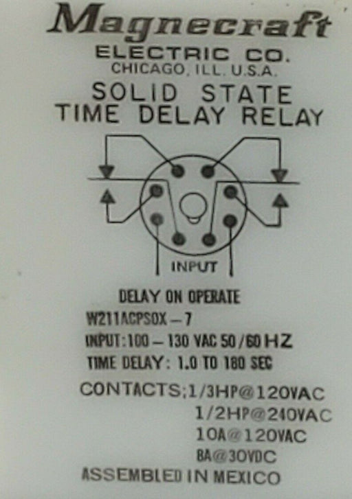 MAGNECRAFT ELECTRIC. CO W211ACPS0X-7 SOLID STATE TIME DELAY RELAY 10A 120V 50/60