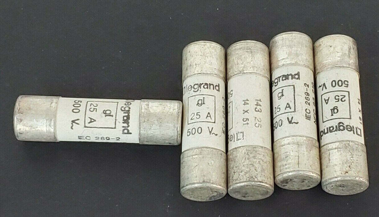 LOT OF 5 LEGRAND 14325 CARTRIDGE FUSES 25AMP 500VAC 100KA TYPE:GI 14X53MM