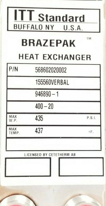 NEW ITT STANDARD 568602020002 BRAZEPAK HEAT EXCHANGER 155560VERBAL 946890-1