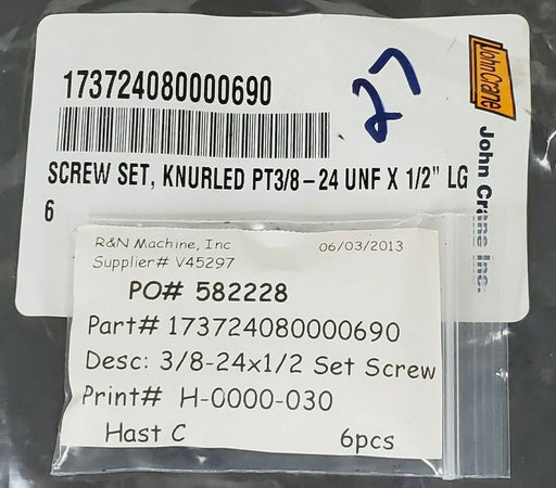 NEW JOHN CRANE 173724080000690 SCREW SET, KNURLED PT3/8-24 UNF X 1/2'' LG (6)