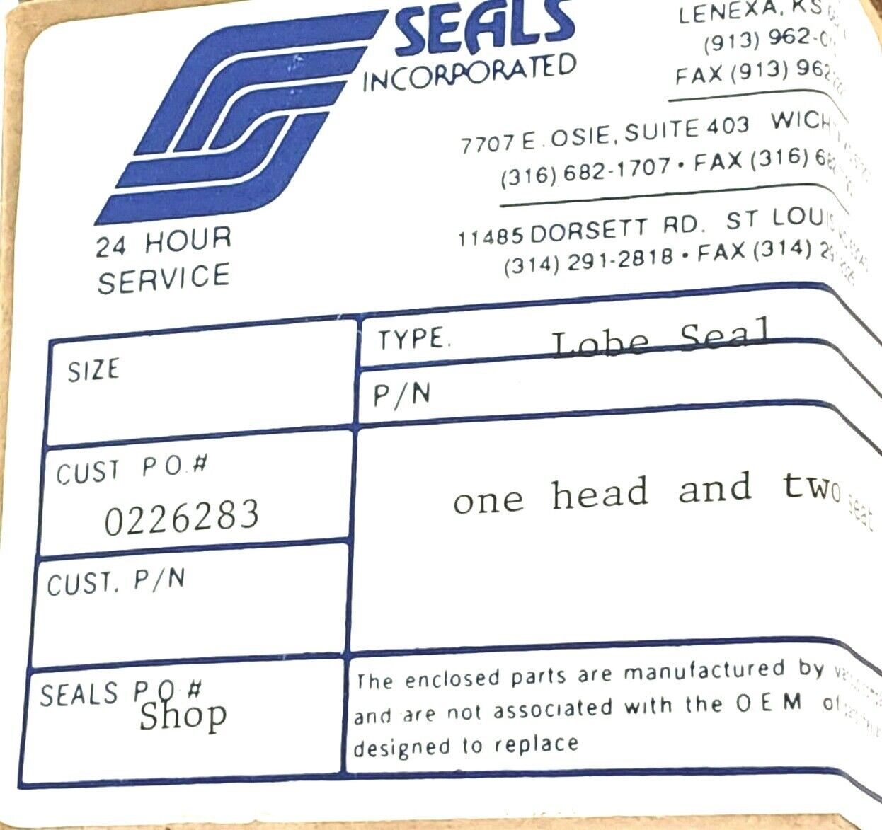 NIB SEALS INCORPORATED SEAL KIT (1) HEAD AND (2) SEATS