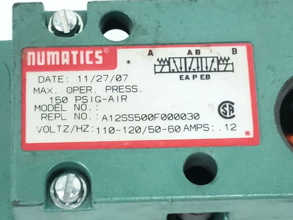NUMATICS A12SS500F000030 SOLENOID VALVE BODY 150 PSIG-AIR 110-120V