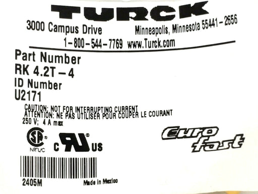 LOT OF 6 NEW TURCK RK 4.2T-4 250V 4 A MAX 4 METERS CORDSETS RK42T4
