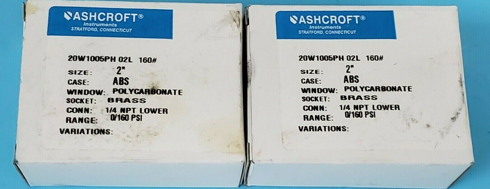 LOT OF 2 NIB ASHCROFT 20W1005PH 02L 160# PRESSURE GAUGES 0-160PSI, 1/4 NPT LOWER