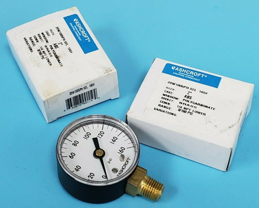 LOT OF 2 NIB ASHCROFT 20W1005PH 02L 160# PRESSURE GAUGES 0-160PSI, 1/4 NPT LOWER