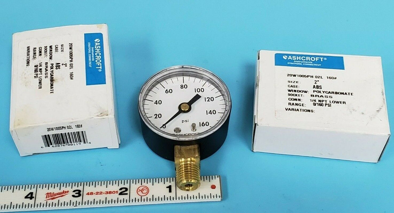 LOT OF 2 NIB ASHCROFT 20W1005PH 02L 160# PRESSURE GAUGES 0-160PSI, 1/4 NPT LOWER