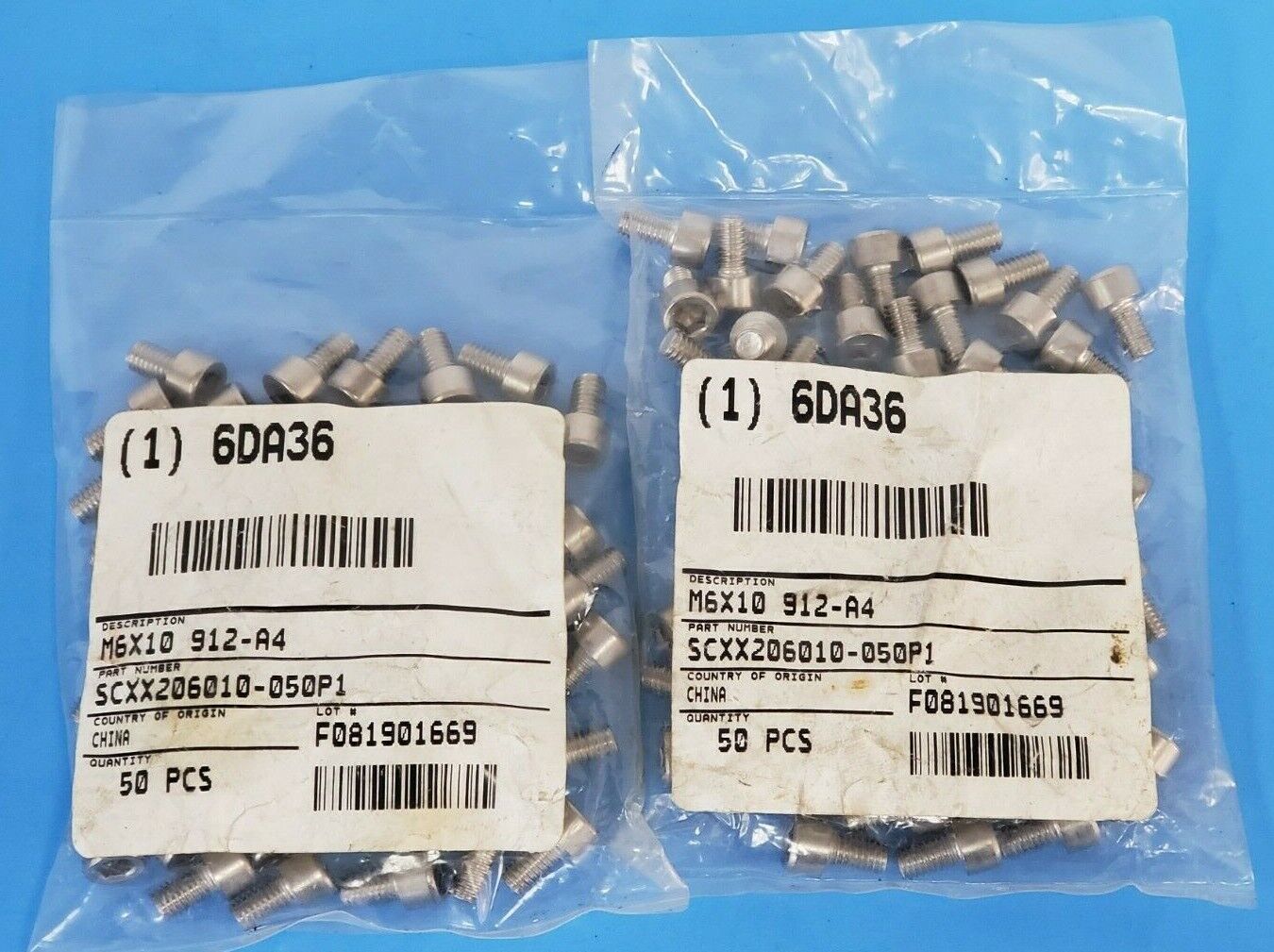 LOT OF 100 NEW GENERIC M6X10 912-A4 HEX SOCKET CAP SCREWS SCXX206010-050P1 6DA36