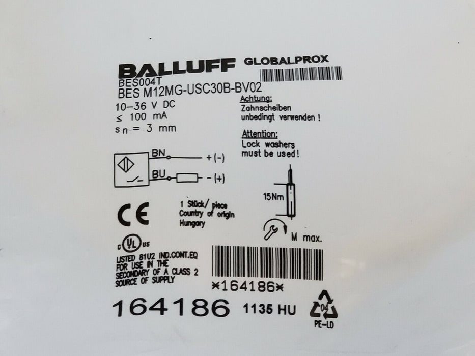 NEW BALLUFF BES M12MG-USC30B-BV02 PROXIMITY SENSOR 10-36V DC, SN=3MM, BES004T