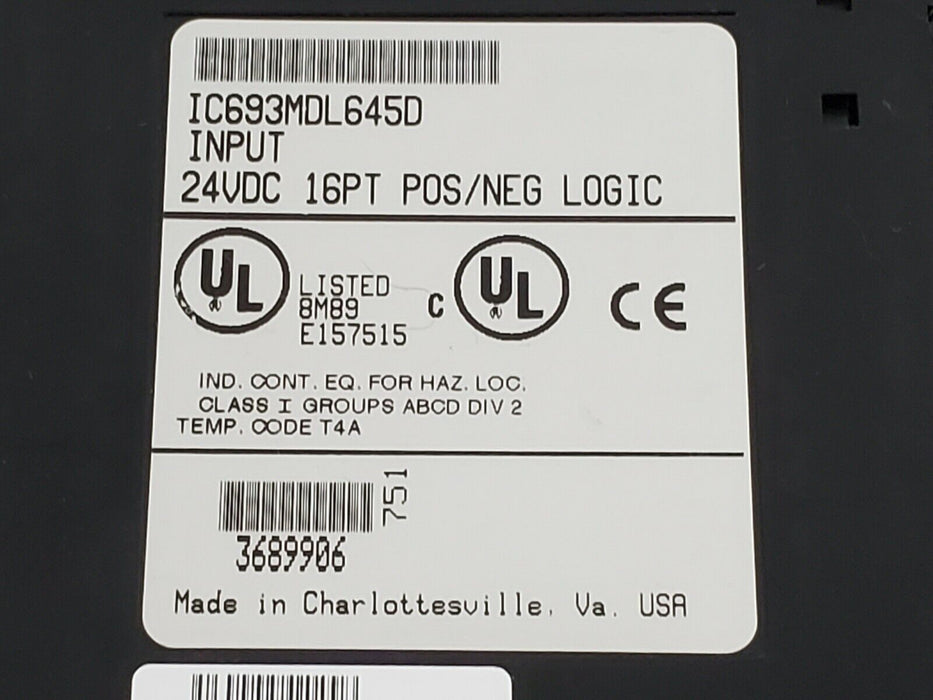 GE FANUC IC693MDL645D INPUT MODULE 24VDC 16PT POS/NEG LOGIC W/OUT WIRING ARM
