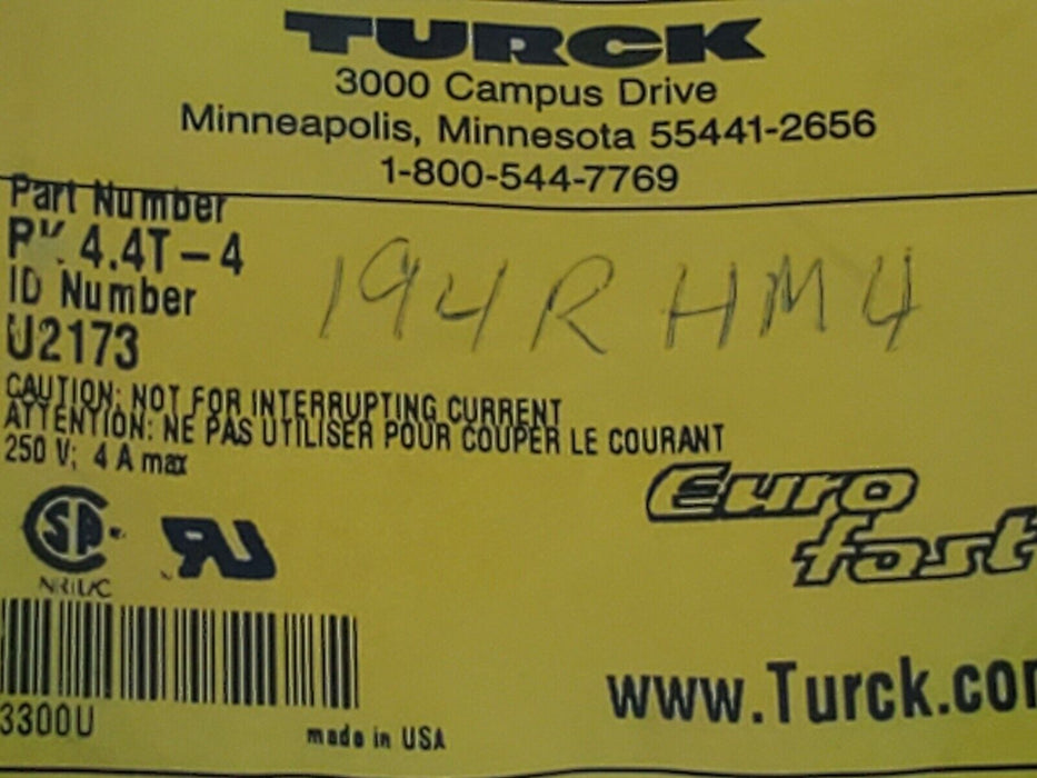 NEW TURCK RK 4.4T-4 ID NUMBER: U2173 M12 FEMALE TO CUT END GRAY 4 METERS
