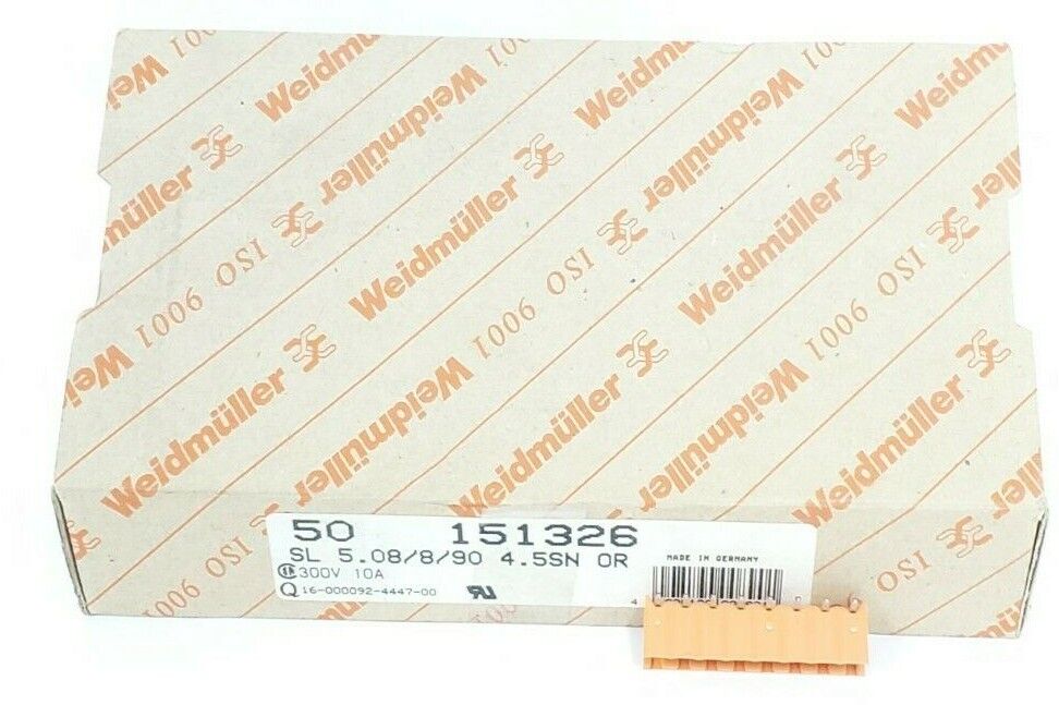 BOX OF 50 NEW WEIDMULLER 151326 CONNECTORS SL 5.08/8/90 4.5SN OR, 300V 10A
