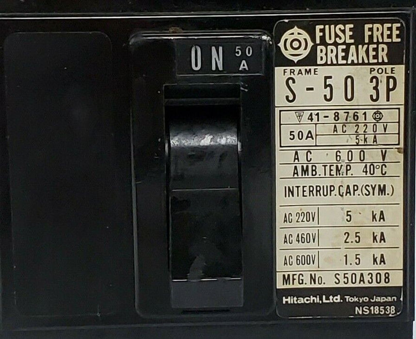 HITACHI S-50 FUSE FREE BREAKER 3P 50A, MFG. NO. S50A308, AC 600V