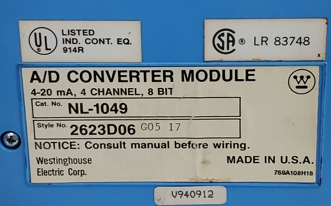 WESTINGHOUSE NL-1049 A/D CONVERTER MODULE STYLE: 2623D06, 4-20 MA 8 BIT