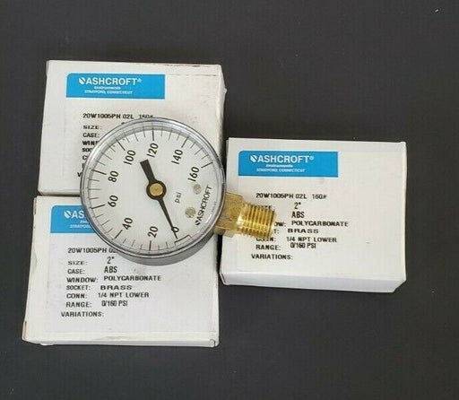 LOT OF 3 NIB ASHCROFT 20W1005PH 02L 160# PRESSURE GAUGES, 2", 0-160PSI, 1/4" NPT