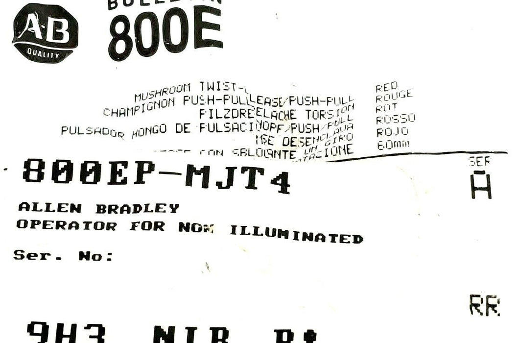 NEW ALLEN BRADLEY 800EP-MJT4 MUSHROOM PUSH-PULL BUTTON SER. A RED