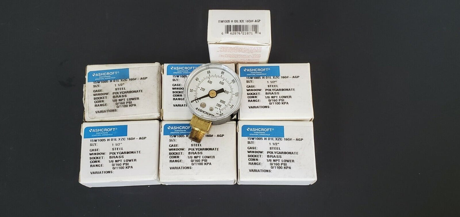 LOT OF 7 NIB ASHCROFT 15W1005PH 01L 160#-AGP SIZE: 1 1/2'' 0/160 PSI, 1/8''NPT