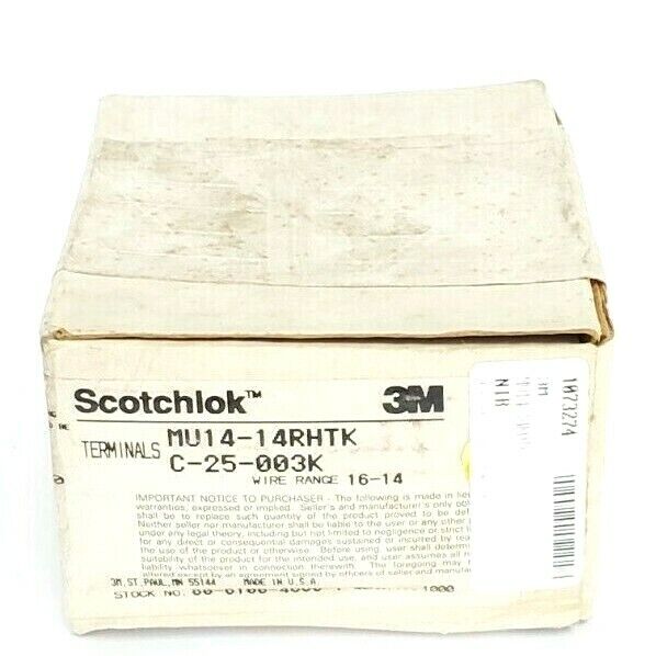 BOX OF 1000 NEW 3M SCOTCHLOK MU14-14RHTK TONGUE TERMINALS C-25-003K