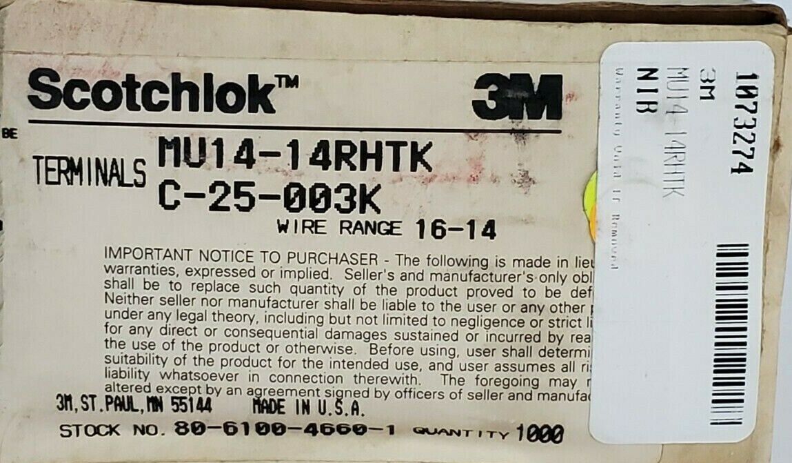 BOX OF 1000 NEW 3M SCOTCHLOK MU14-14RHTK TONGUE TERMINALS C-25-003K