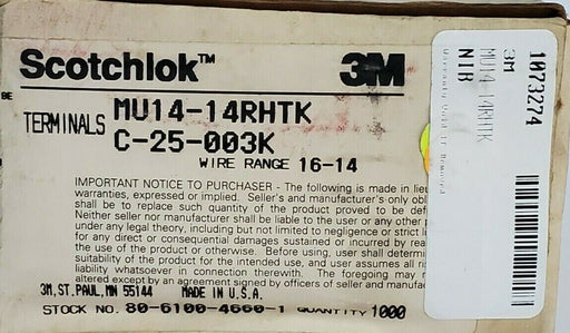BOX OF 1000 NEW 3M SCOTCHLOK MU14-14RHTK TONGUE TERMINALS C-25-003K