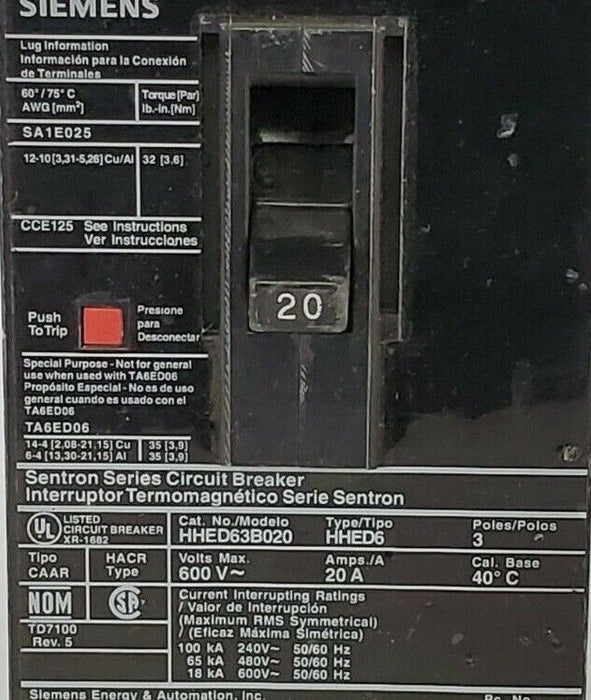 SIEMENS HHED63B020 SENTRON SERIES CIRCUIT BREAKER HHED6 600V 3P 20A SA1E025